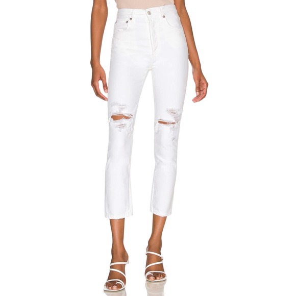 Agolde Denim - AGOLDE Riley High Rise Straight Crop Slant Distressed White Jeans Plus Size 33